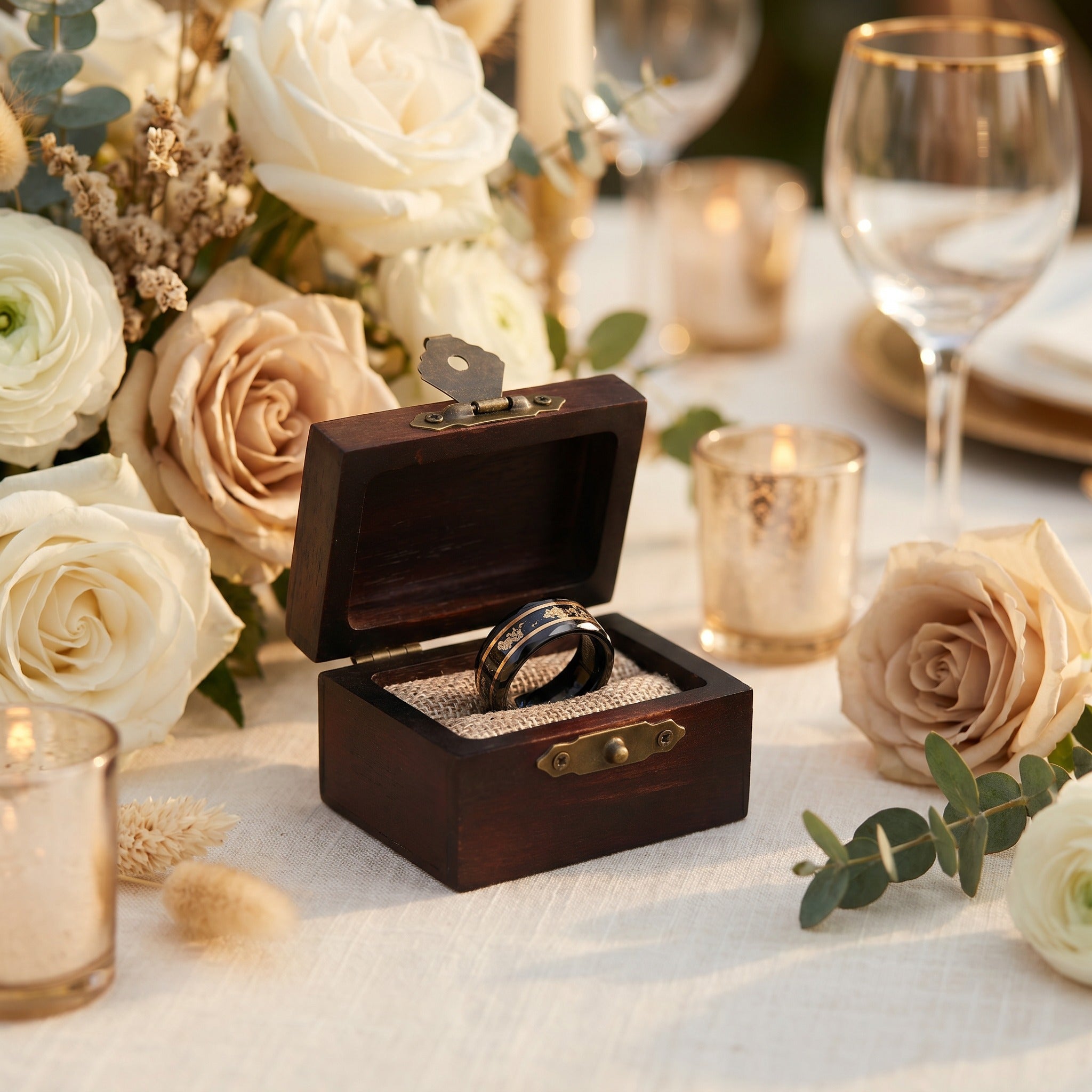 Black Tungsten Wedding Band with Gold Inlay and Meteorites